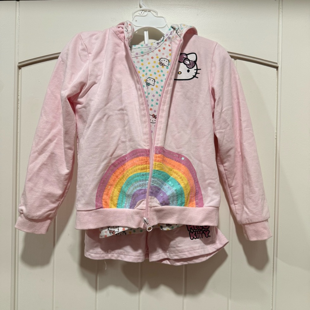 Hello Kitty Pink Hooded Rainbow 3 Piece Outfit and Zip Jacket for Kids